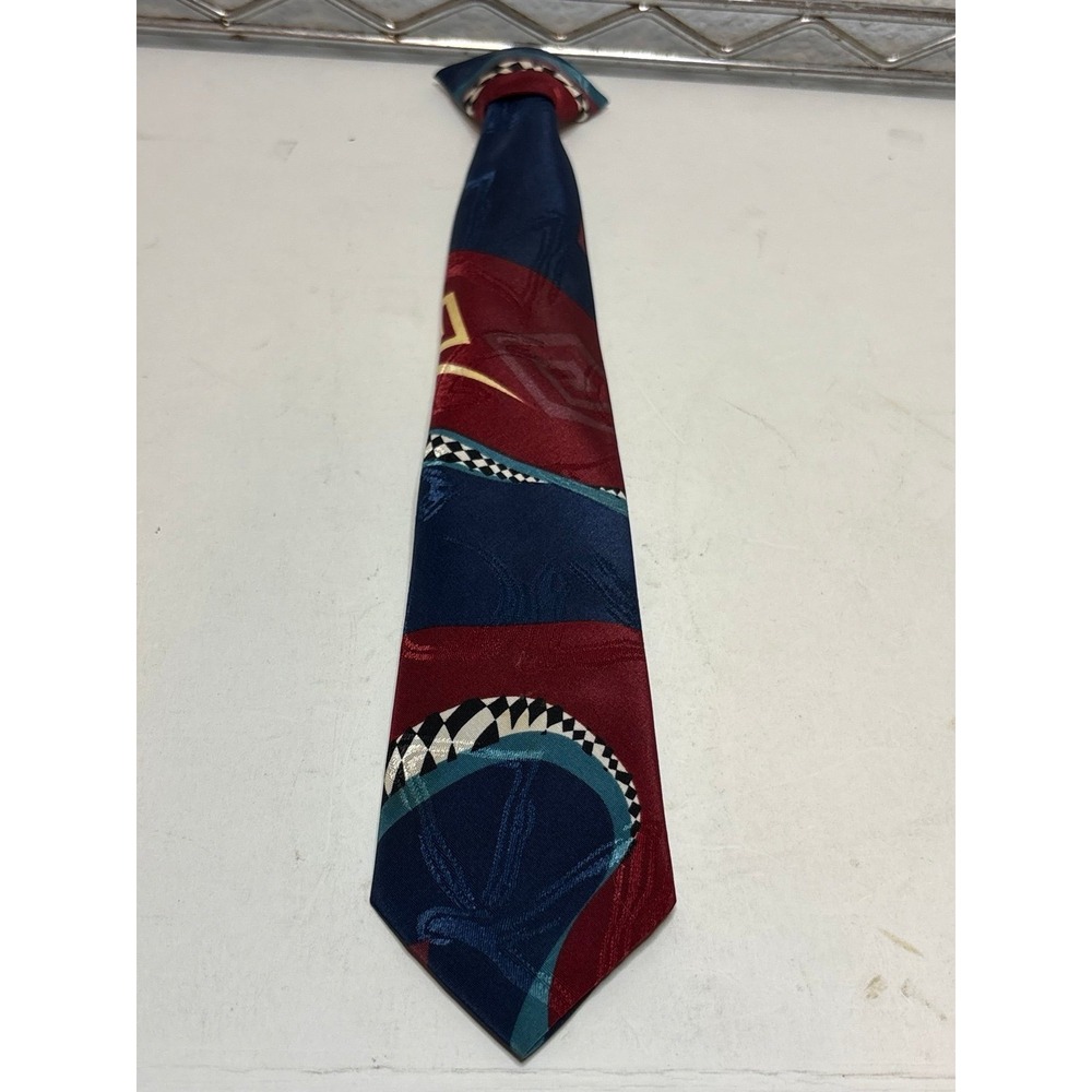 Pierre Cardin Men's Neck Tie Silk Blue Red Geometric Checkerboard Pattern Design